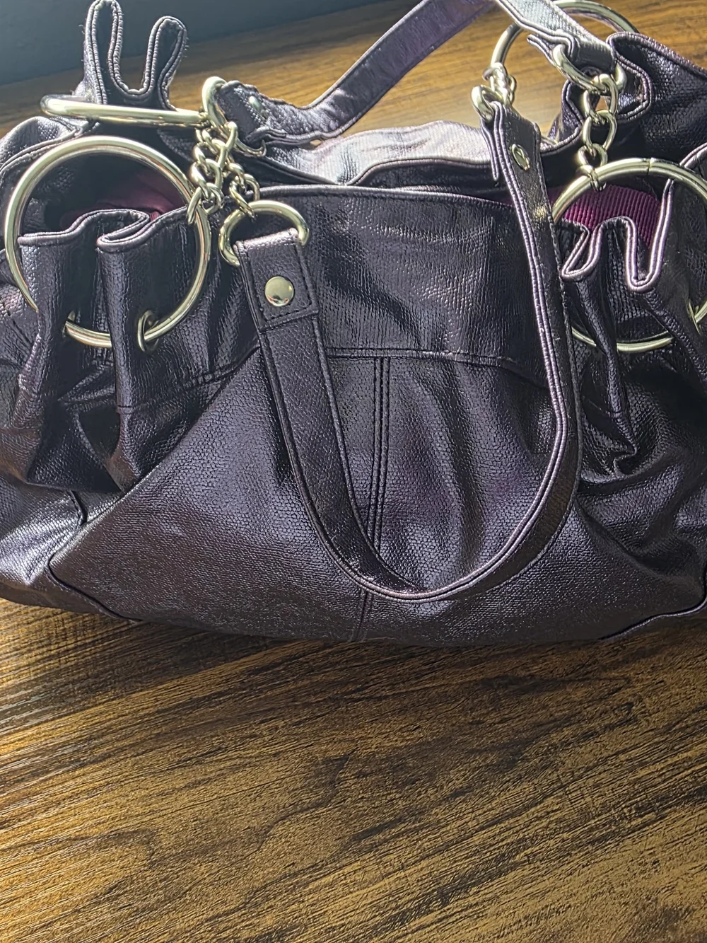 Metallic Purple Shoulder Bag with Chain Accent